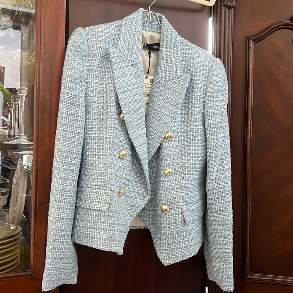 Zara Light Blue Tweed Blazer with Gold Buttons